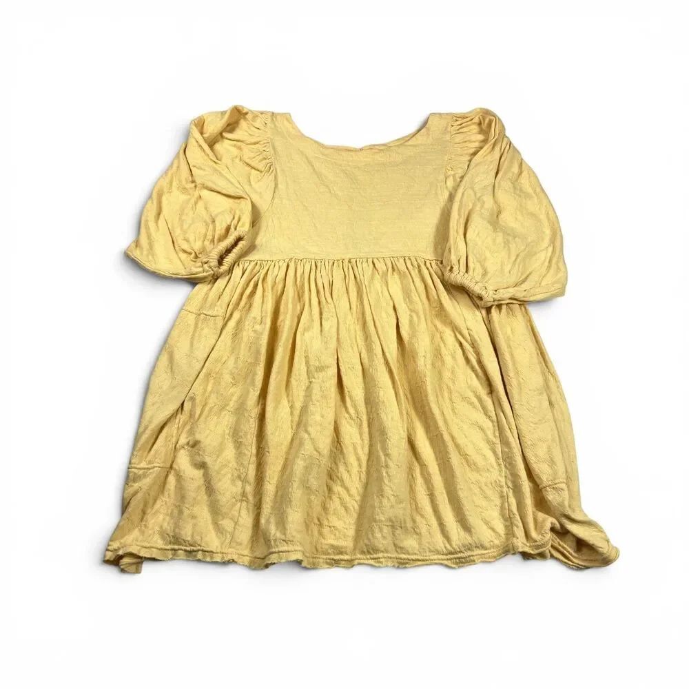 Free People Mini Babydoll Swing Dress Yellow Puff 3/4 Sleeve Boho Summery XS